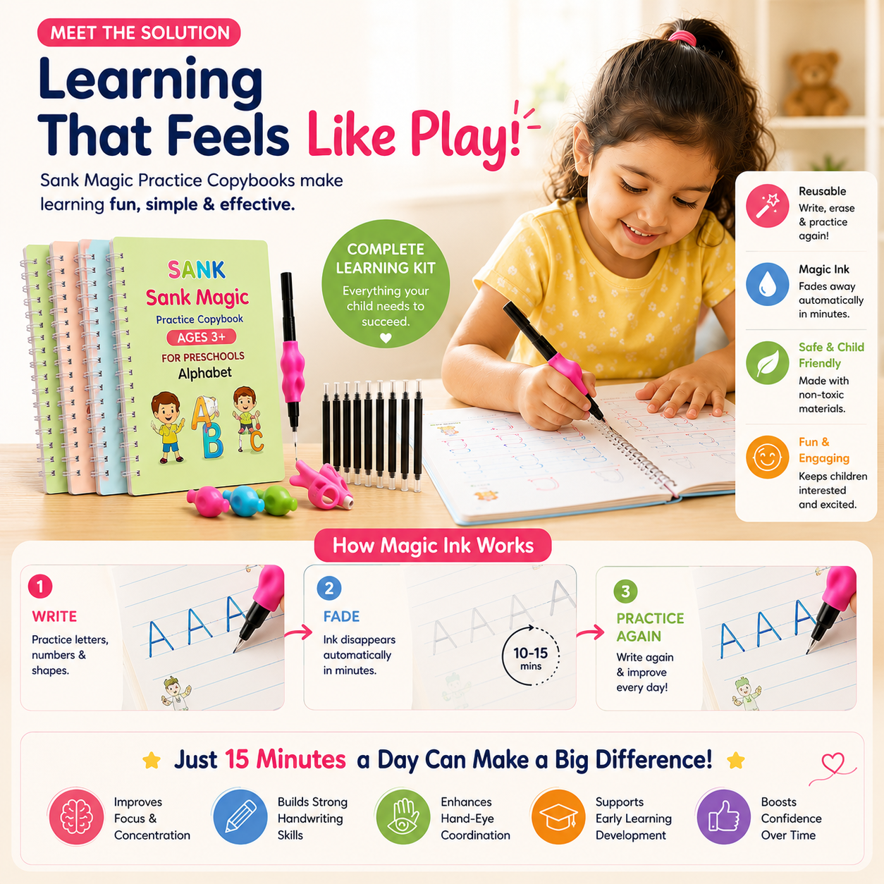 UrbanKart Magic Practice Copybook Kit – Reusable Handwriting Workbook Set for Kids (Ages 2+) | 4 Books + 10 Refills