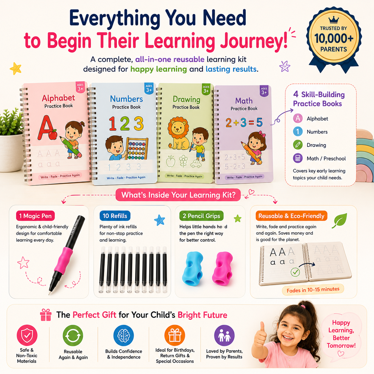 UrbanKart Magic Practice Copybook Kit – Reusable Handwriting Workbook Set for Kids (Ages 2+) | 4 Books + 10 Refills